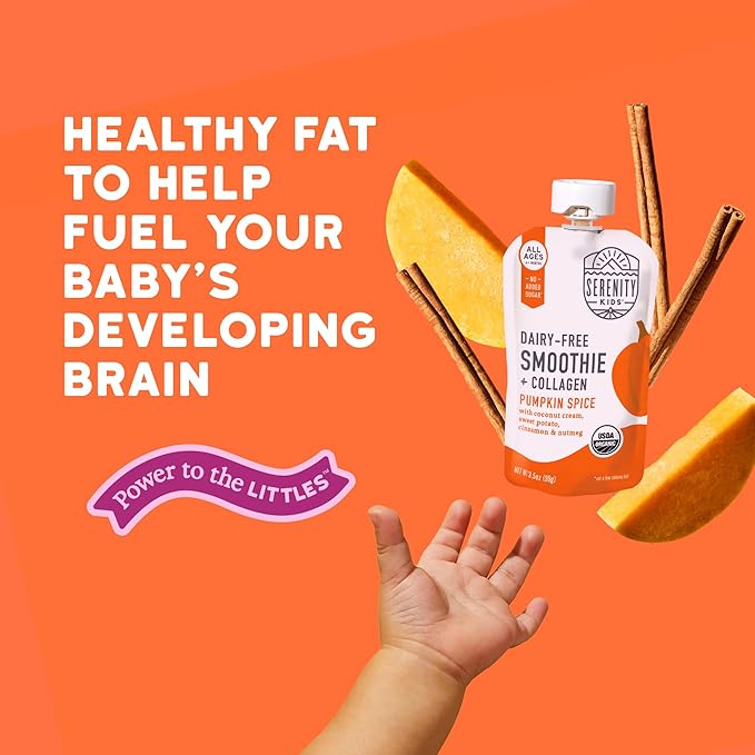 Serenity Kids 6+ Months Pumpkin Smoothie Baby Pouch Food - Dairy-Free USDA Organic - Grass-Fed Collagen & Protein - 3.5 Oz, 6 Pack