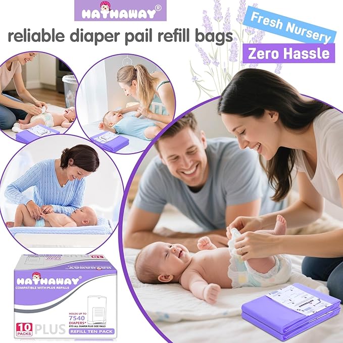 Diaper Pail Refill Bags Compatible With Dekor Plus Diaper Pail, Extra 30% Length, Lavender Scent, 10 Pack