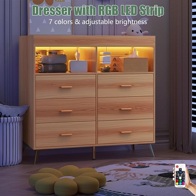 GarveeHome Dresser for Bedroom with 6 Drawers, Baby Changing Table Dresser with Changing Pad, LED Lights & Charging Station, Baby Changing Station with Changing Table Top