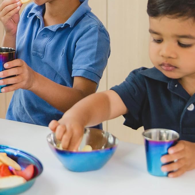 Ahimsa Stainless Steel Bowls for Kids | Non Toxic, Pediatrician Designed Toddler Bowls 12oz | Durable Metal Kids Bowl, Easy to Clean, Dishwasher Safe | Set of 4 Fun Blue