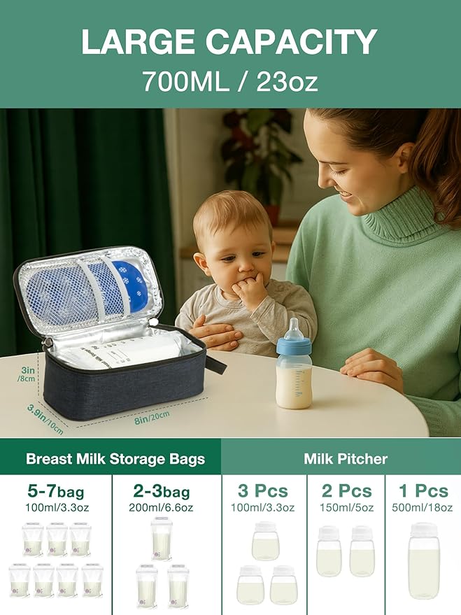 Breast Milk Cooler Travel Bag, Real-Time Temperature Display, Holds 20oz Breastmilk Storage Bag with 2 Breast Milk Ice Pack, Cooling & Waterproof Portable Cooler for Moms on The Go (Blue)