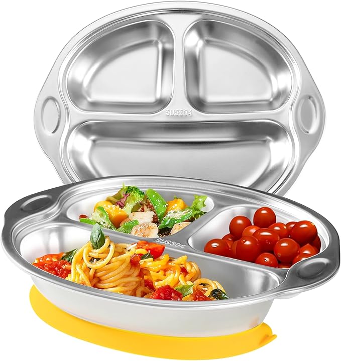 Stainless Steel Baby Suction Plates: Divided Plates for Babies and Toddlers, Made of 100% Food-Grade Materials Ideal for Baby-Led Weaning BPA-Free Toddler Feeding Dishwasher Safe Yellow