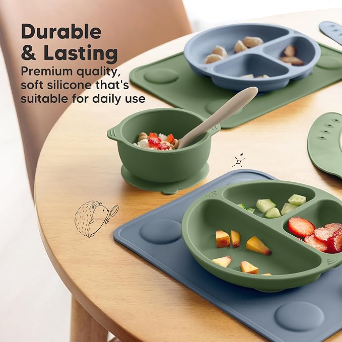 KeaBabies 2-Pack Silicone Placemats for Toddlers - 12x9 Non Slip Suction Baby Silicone Placemat for Kids Eating, Easy to Clean, Busy Travel Baby Mat for Dining Table, Food Grade/BPA-Free (Pastel Sky)