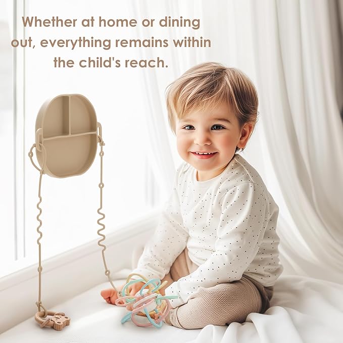Andy Bear Silicone Plates for Babies with Suction Divided Baby Spoons Silicone Baby Toy Straps All-in-one Plates Silicone Placemat for Babies Toddlers Attachable Tethers & Built-in Suction Cups-Blush
