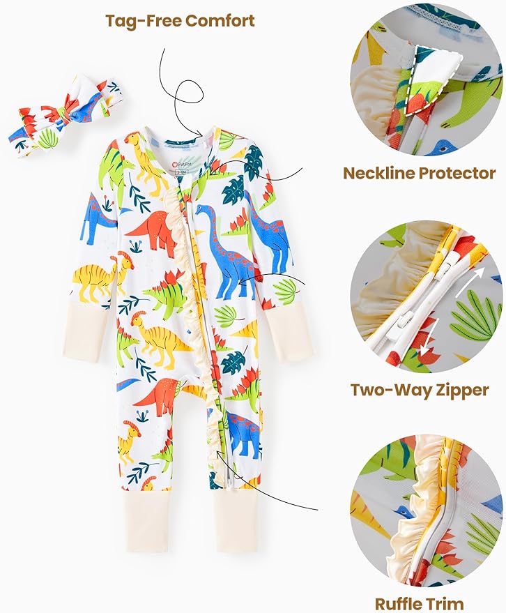 PATPAT Baby Girl Boy Clothes Newborn Infant Footie – Soft Viscose from Bamboo– 2-Way Zipper, Fold-Over Mitten, Ruffle Trim
