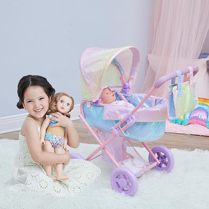 Olivia's Little World Baby Doll Stroller, 2-in-1 Doll Pram Buggy for Girls Age 3+, Fits up to 18” Dolls, Baby Stroller for Dolls, Stroller Toy for Kids, Iridescent