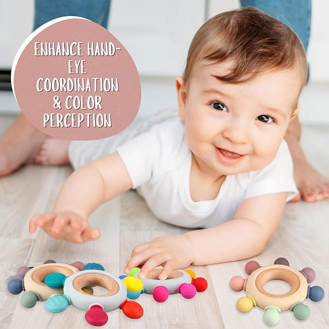 Baby Teething Toys, Silicone Chewable Teethers with Wooden Ring for Soothing Babies Gums, Rudder Chewers Shower Gift for lnfants & Toddlers, 3+ Months (6 Directions, Rainbow)