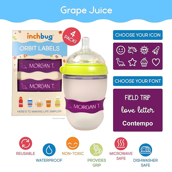 InchBug Orbit Labels Baby Bottle and Water Bottle Silicone Name Bands – Personalized Reusable Label Set for Daycare, Sippy Cups, Preschool, Elementary School, Dishwasher Safe, 4-Pack (Grape Juice)