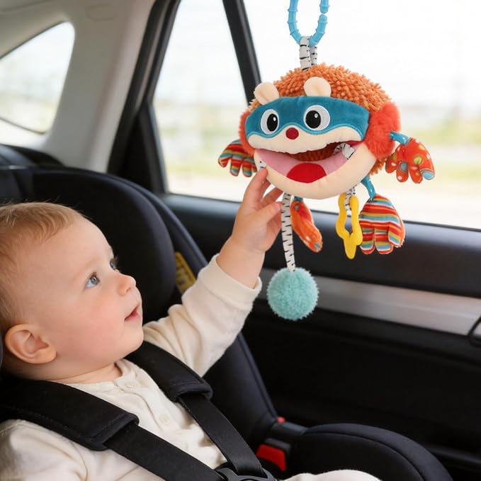 Baby Car Seat Toys Hanging - Sensory Ball Travel Toys for 6 7 8 9 10 11 12 Monthes with Rattle, Teether, Squeaky, Crinkle,Textures, Soft Montessori Plush Toys Newborn Gift Boys Girls Infant Roadtrip