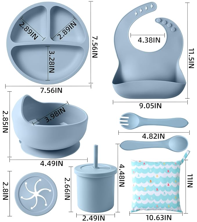 Silicone Baby Feeding Set, 10 Pcs Baby Led Weaning Supplies Baby Eating Essentials Set with Suction Bowl Divided Plate Adjustable Bib Soft Spoon Fork Cup with Lid Drinking Cup, Travel Bag (Blue)