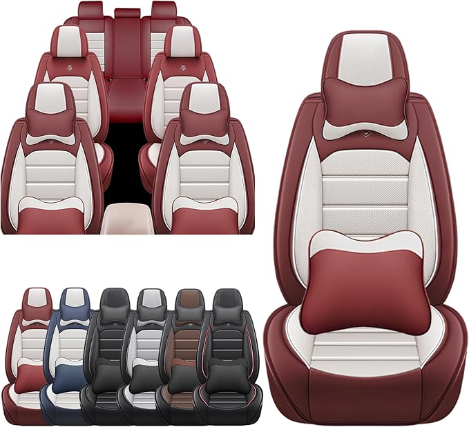 JOJ Car Seat Cover Fit for Toyota Highlander 2001-2025,7 Seat Car Seat Cover,No-Slip Waterproof Breathable Faux Leather Automotive Seat Covers Auto Interior Covers,Full Set with Pillow,Cream Red
