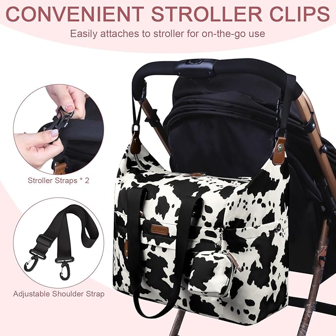 Pritent Diaper Bag Tote - Diaper Baby Bags with Pacifier Case, Shoulder Straps, Stroller Clips, Waterproof Large Mommy Maternity Bag Travel Baby Bag for Mom and Dad, Cowprint, Medium