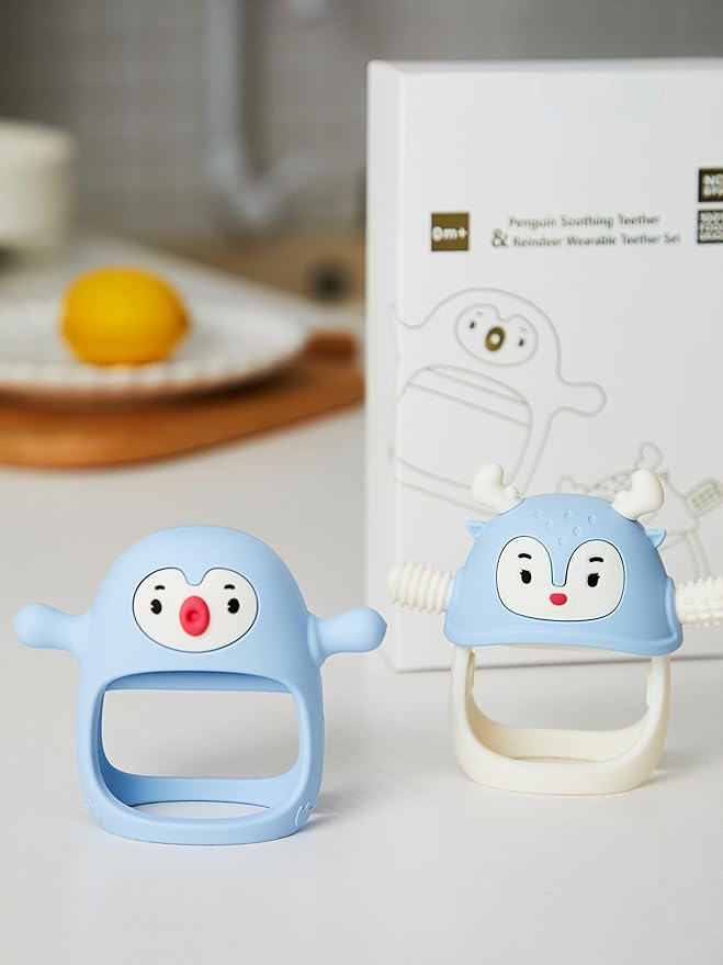 Smily Mia 2 Packs Baby Teething Toy for 0-6 6-12 Months, Food Grade Silicone Teething Mitten, Anti Dropping Wrist Hand Teethers Baby Chew Toys for Sucking&Chewing, BPA Free, Light Blue