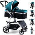 Baby Stroller, 2-in-1 Reversible Toddler Seat with Bassinet Mode, Foldable Infant Stroller with Canopy, One Button Brake, Adjustable Handle, Newborn Pushchair(Blue)