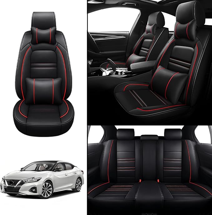 Car Seat Covers for Nissan Car Maxima 1999-2023 | 5-Seats Seat Covers, Waterproof Seat Protectors, Automotive Seat Covers (Full Set with Pillow,Black&Red Line)