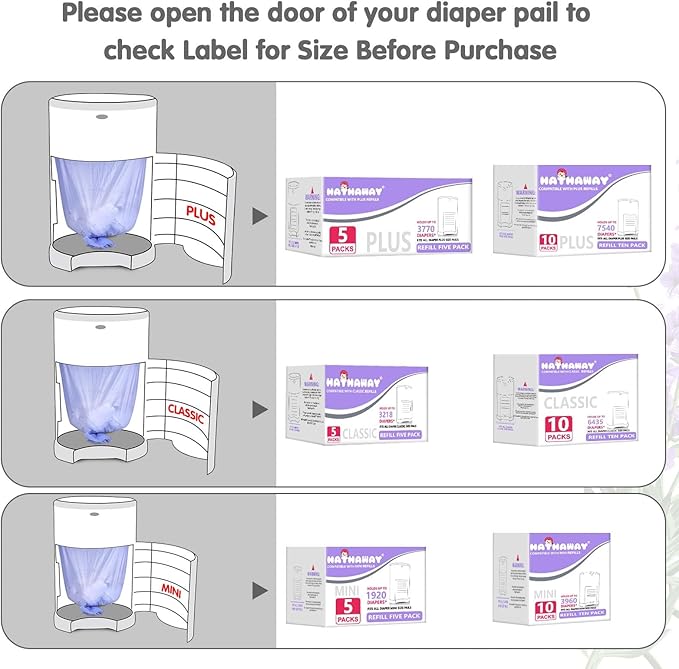 Diaper Pail Refill Bags Compatible With Dekor Classic Diaper Pail, Extra 30% Length, Lavender Scent, 10 Pack