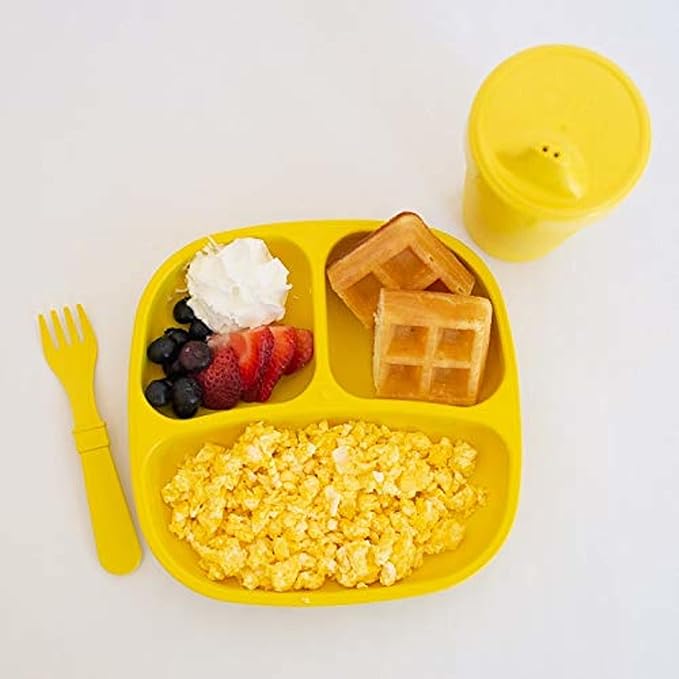 Re-Play 3x3 Divided Toddler Plates and Utensils Set - Toddler Forks and Spoons Set - Dishwasher and Microwave Safe - Made in USA - Aqua Asst