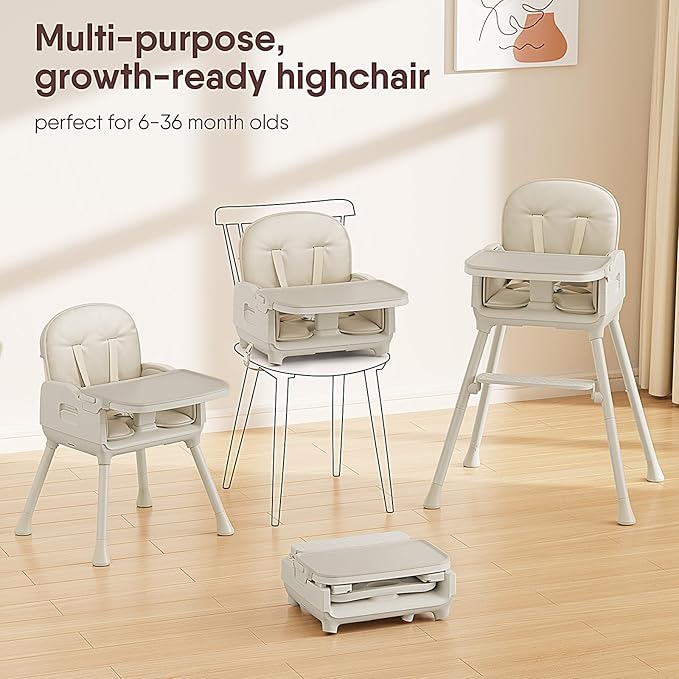 3-in-1 Portable Baby High Chair for Babies and Toddlers, Convertible Easy Clean Infant Foldable Highchair with Adjustable Legs & Dishwasher Safe Tray, Beige
