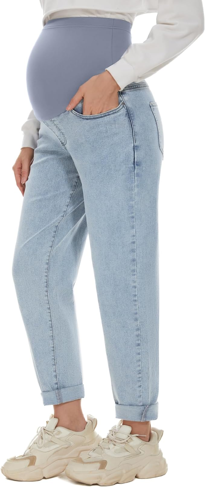 POSHGLAM Women's Maternity Jeans Over Belly Comfy Stretch 28'' Boyfriend Jeans Loose Pregnancy Pants, S-XXL