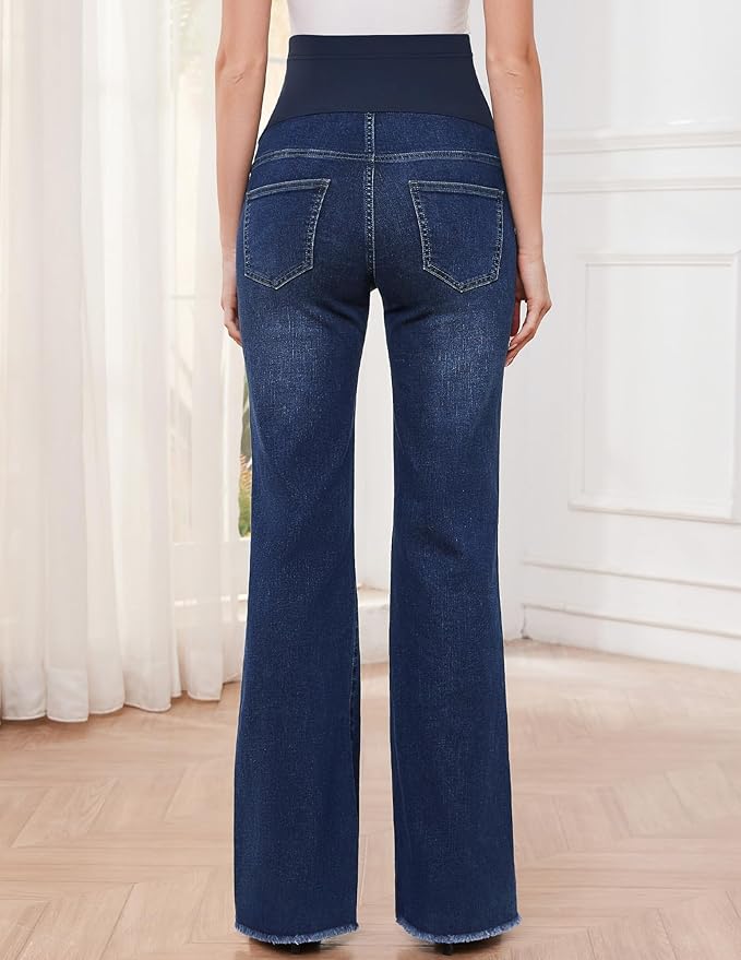 GLAMIX Women's Stretch Maternity Bootcut Jeans with Pockets Over The Belly Bell Bottoms Flare Denim Pants Pregnancy Clothes