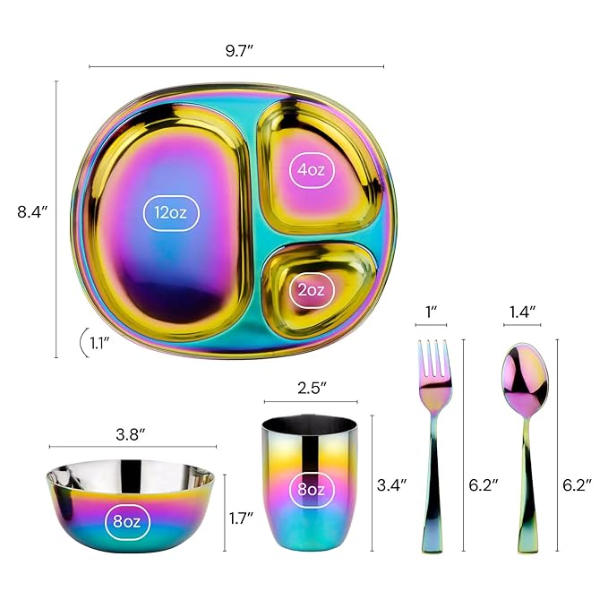 Ahimsa Stainless Steel Kids Dinnerware Set - 5 Piece Stainless Steel Toddler Plates and Bowls Set, Pediatrician Designed, Non Toxic Toddler Plate and Bowl, Kids Utensils and Cup (Rainbow)