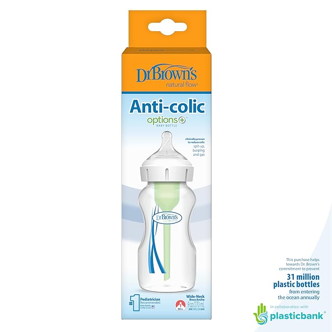 Dr. Brown's Natural Flow Anti-Colic Options+Wide-Neck Baby Bottle,9 oz/270 mL,Level 1 Nipple,1-Pack,0m+