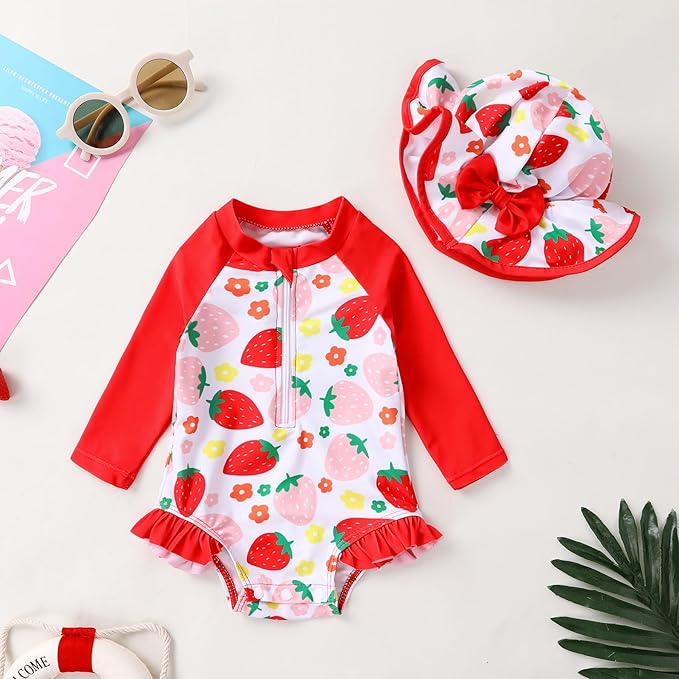 Infant Baby Girl Swimsuit One-Piece Long Sleeve Rash Guard with Hat Set Floral Zipper Bathing Suit Leopard Beach Wear