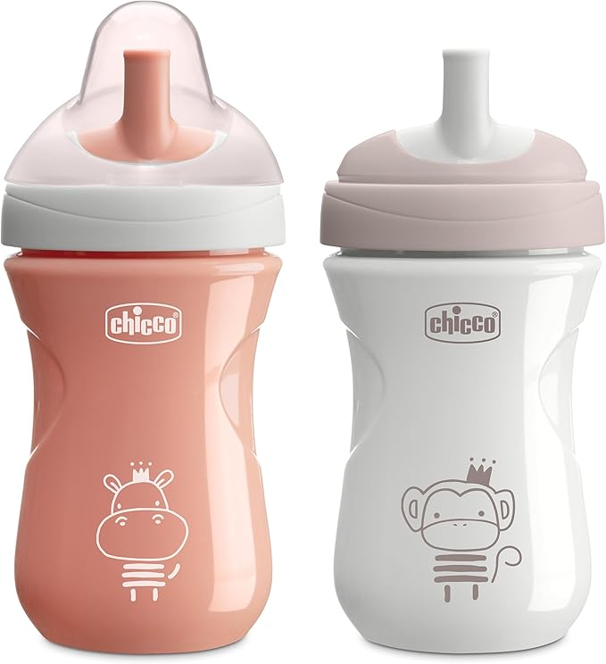 Chicco Sport Spout Trainer with Semi-Firm, Bite-Resistant Spout and Spill-Free Lid 9oz. | Top-Rack Dishwasher Safe | Easy to Hold with Ergonomic Indents | Coral/Grey, 2pk | 9+ months