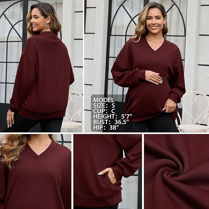GINKANA Maternity Long Sleeve Shirts V Neck Sweatshirt Casual Tunic Tops Pregnancy Pullover with Pockets