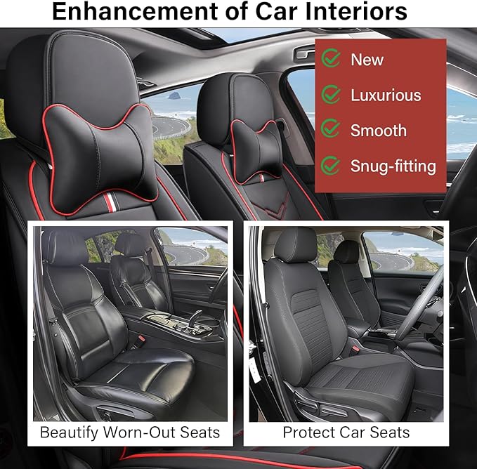 Leather Car Seat Covers Fit for LR Defender 2020-2025, 5 Seater Waterproof and Wear-Resistant Seat Cover Interior Accessories(Full Set with Pillow,Black&Red)
