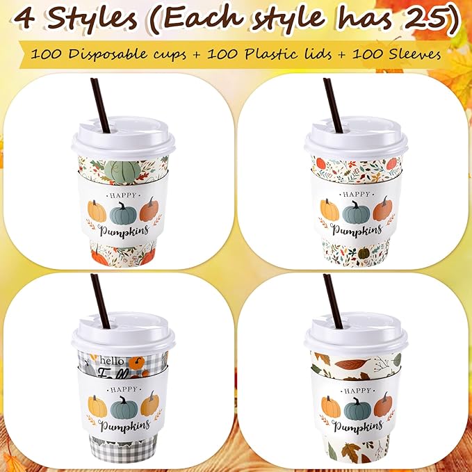Lallisa 100 Sets Fall Thanksgiving Coffee Cup Bulk with Lid Disposable 12 oz Fall Hot Cups Paper and Sleeves Straws, Autumn Drinking Supplies for Holiday Party(Pumpkin Style)