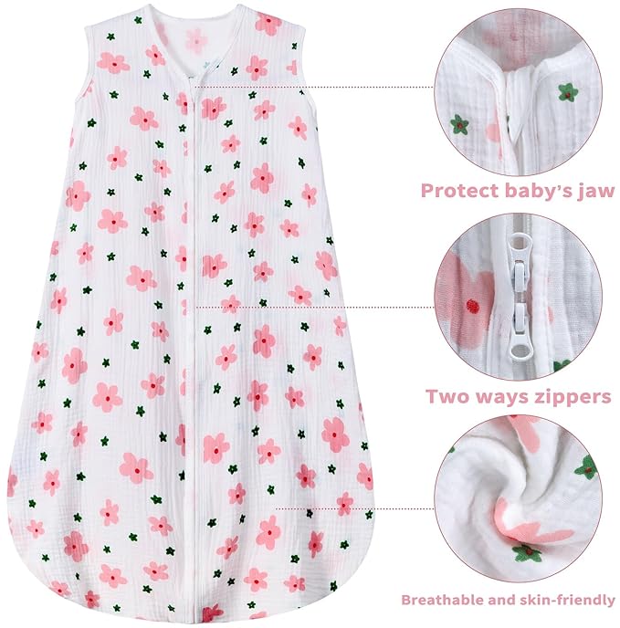 2 Pack Baby Sleep Sack 18-24 Months 100% Organic Cotton Muslin Baby Sleeping Bag 2-Way Zipper Wearable Blankets (Flower & Cherry, X-Large)