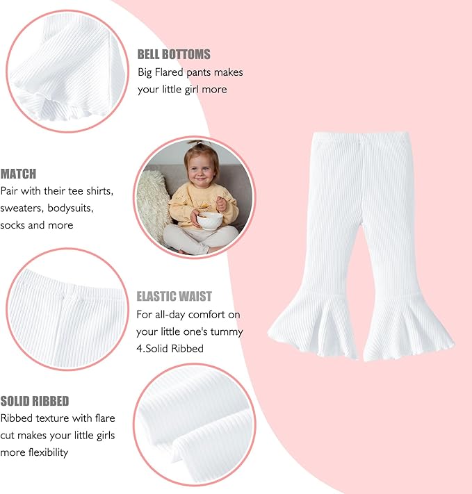 SOBOWO Baby Girl Flare Pants 3 Pack Toddler Solid Ribbed Ruffle Bell Bottoms Pants Trousers Fall Outfits