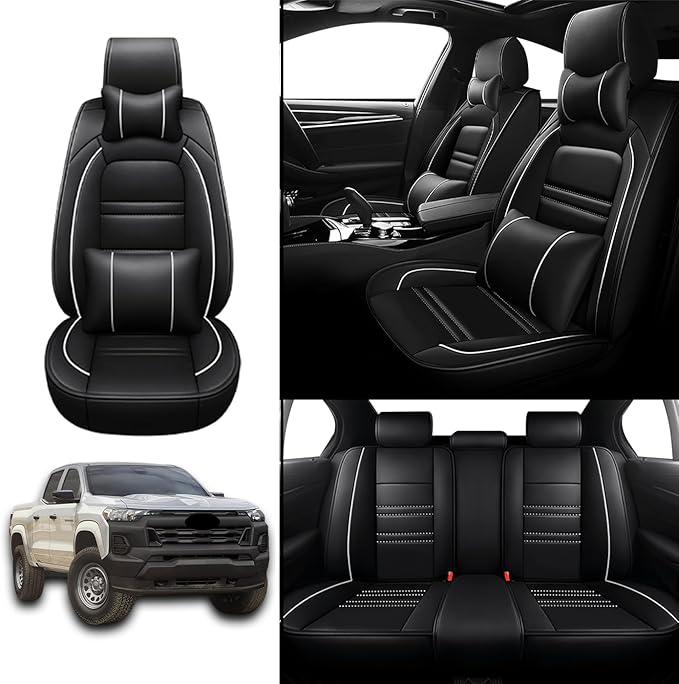 Car Seat Covers for Chevy Colorado 2004-2025 | 5-Seats Seat Covers, Waterproof Seat Protectors, Automotive Seat Covers (Full Set with Pillow,Black&White Line)