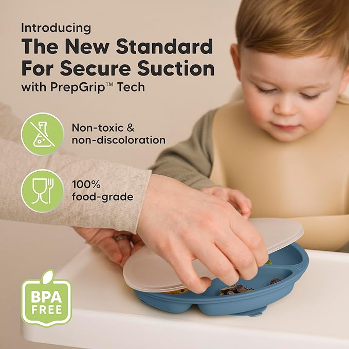 KeaBabies Suction Plates with Lids for Baby - 3-Pack 100% Silicone Toddler Plates with Suction, Divided, BPA-Free Baby Led Weaning Essentials for Kids, Dishwasher, Microwave Safe, Durable (Quantum)