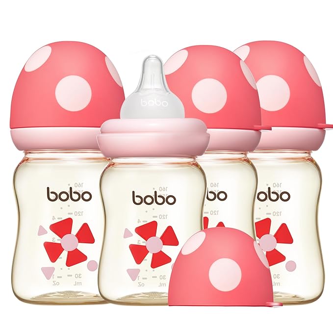 YOHKOH PPSU Baby Bottle Wide Neck, Newborn Anti-Colic Baby Bottle with Natural Response Nipple, Streamlined Body, Easy to Clean (5.4oz (Pack of 4), Red)