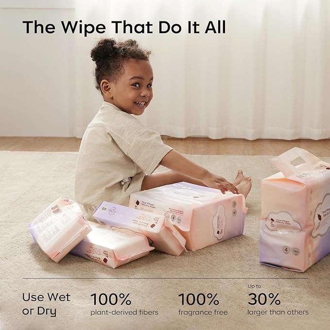 Bc Babycare Dry Wipes, Plant-based Fibers, Wet and Dry Multi-Use Facial Cloth and Baby Wipe, Hypoallergenic and Gentle on Skin, 48 Count, 4 Packs