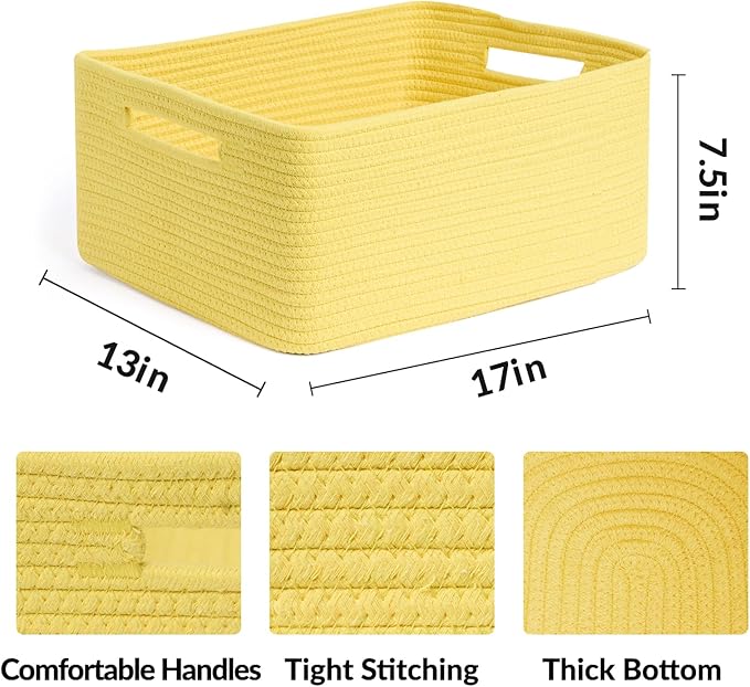 Large Storage Baskets for Organizing, Closet Shelf Baskets for Clothes Blanket Towels, Baby Nursery, Toy Bins Box, Woven Rope Baskets, 17 x 13 x 7.5”, 4 Packs Yellow