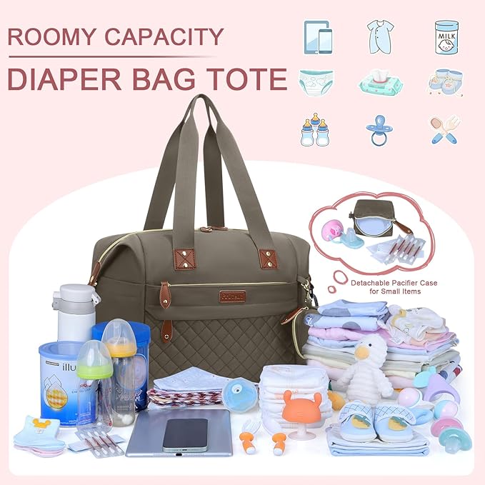 Pritent Diaper Bag Tote, Diaper Baby Bags with Pacifier Case, Shoulder Straps, Stroller Clips, Waterproof Large Mommy Bag Maternity Bag Travel Baby Bag for Mom and Dad, khaki