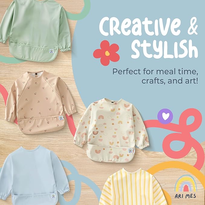 ARI MES Long Sleeves Waterproof Baby Bibs for Eating - Rainbow, Small - Wearable, Coverall for Toddler, Long Sleeve Bib, Smock Apron for Feeding - Applicable for 6-72 Months