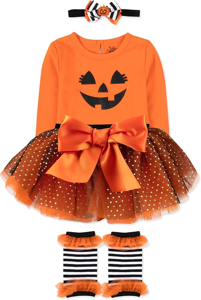 Baby Girl Holiday Outfit 4-Piece Set – Long Sleeve Bodysuit, Pants, Tutu Skirt & Headband – Halloween, Thanksgiving