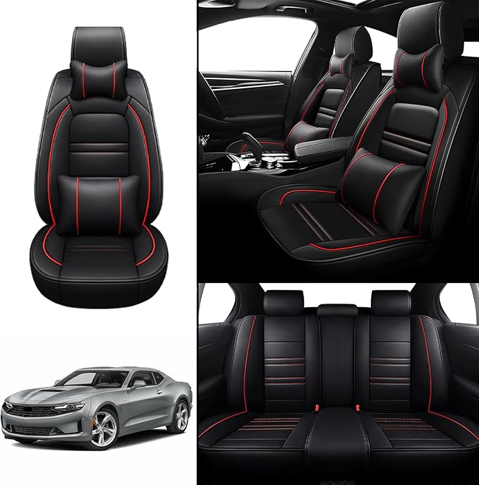Car Seat Covers for Camaro 2000-2023 | 5-Seats Seat Covers, Waterproof Seat Protectors, Automotive Seat Covers (Full Set with Pillow,Black&Red Line)