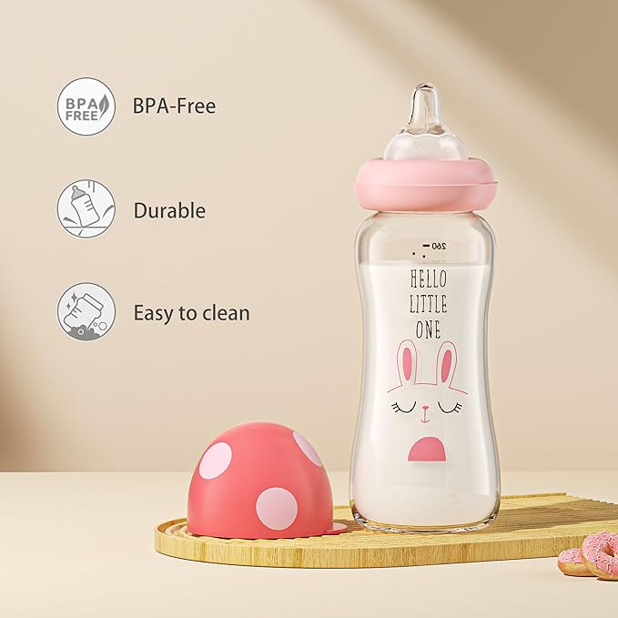 YOHKOH Natural Glass Baby Bottle with Natural Response Nipple, Newborn Anti-Colic Baby Bottles, Wide Neck Mushroom Cap Baby Bottle, Clear (8.8ounce (Pack of 2), Red1)