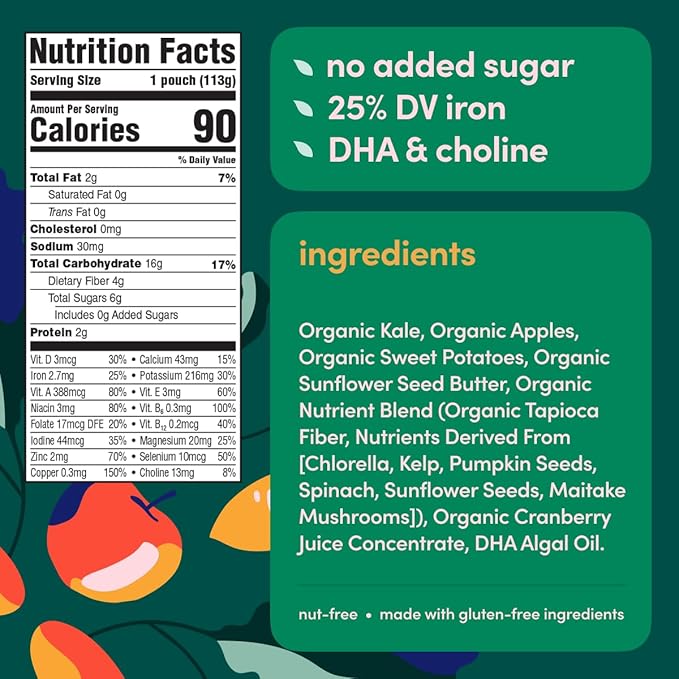 Cerebelly Organic Baby Food Pouches, Kale Sweet Potato Apple Purees, 16 Nutrients, No Added Sugar, Fiber & Non-GMO, 4oz, 6 Pack
