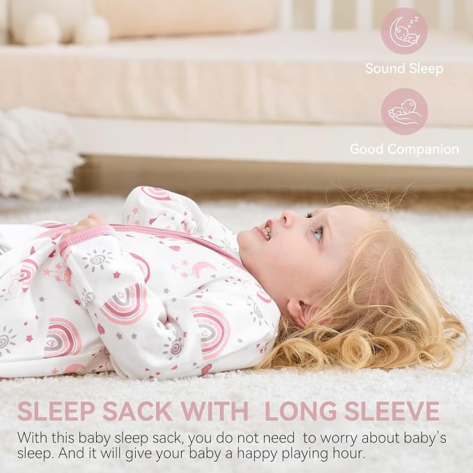 Baby Sleep Sack 0-6 Months, Long Sleeve Baby Wearable Blanket 0.5 Tog with Mittens, 2-Way Zipper Newborn Cotton Sleeping Sack for Boy and Girl Pink Rainbow 2 Pack (Small)