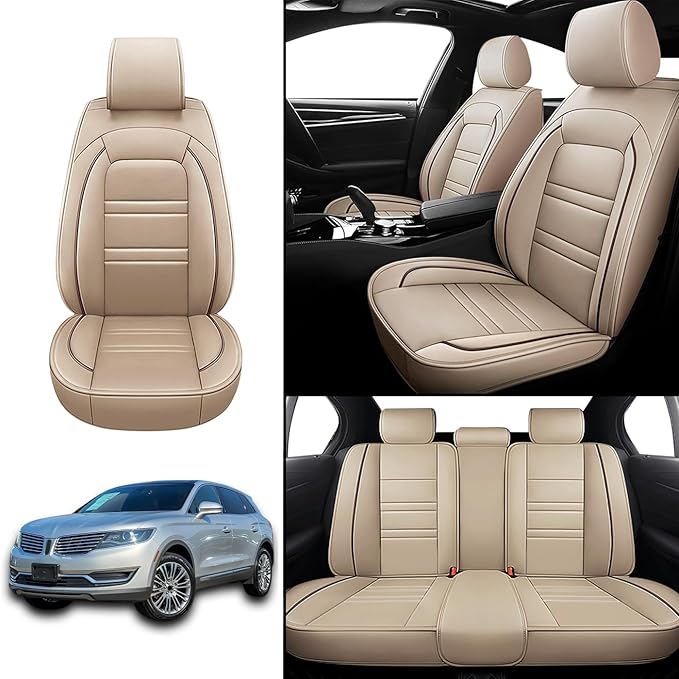 Seat Covers for Lincoln mkx 2007-2018 | 5-Seats Leather Seat Covers, Easy to Install Automotive Seat Covers Full Set (Full Set, Beige)