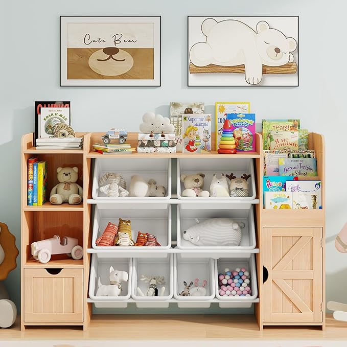 Vabches 55" Large Kids Toy Organizer with 8 Toy Storage Tubs, Storage Boxes and Storage Racks, Tiered Bookshelf and 7 Storage Cubbies, Kids Bookshelf, Playroom Storage and Storage Boxes(Oak)