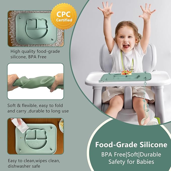 1 Pack Silicone Mat for Babies, Baby Placemat Built-in Suction Base and Equipped 4 Toy Straps & Anti-Peel Design, Activity Mat for Infants to Toddlers, Keeps Babies Essentials Off The Floor, Green