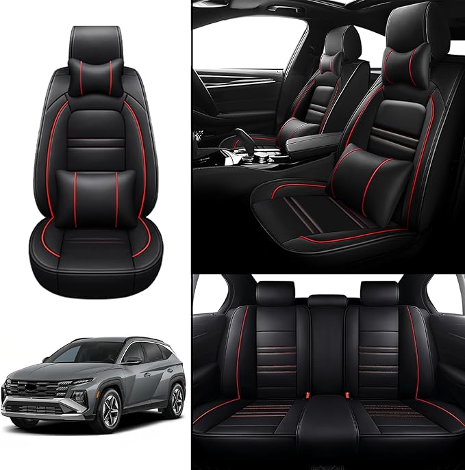 Car Seat Covers for Hyundai Car Tucson 2005-2025 | 5-Seats Seat Covers, Waterproof Seat Protectors, Automotive Seat Covers (Full Set with Pillow,Black&Red Line)
