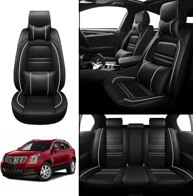 Car Seat Covers for Cadillac SRX 2004-2016 | 5-Seats Seat Covers, Waterproof Seat Protectors, Automotive Seat Covers (Full Set with Pillow,Black&White Line)